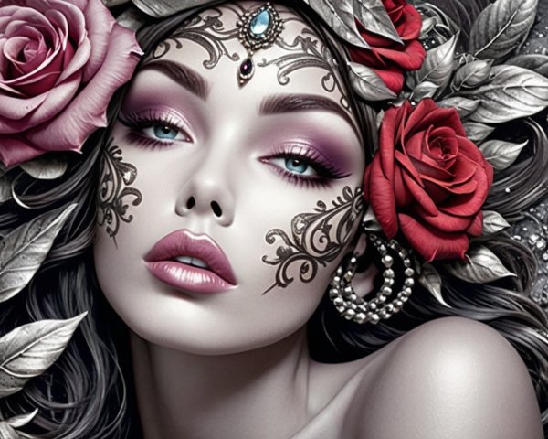 Portrait of a Woman with Floral Designs and Colors