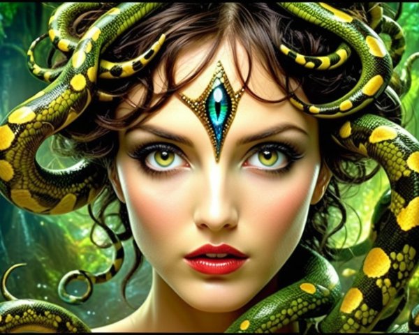 Enchanting figure with green eyes in jungle setting