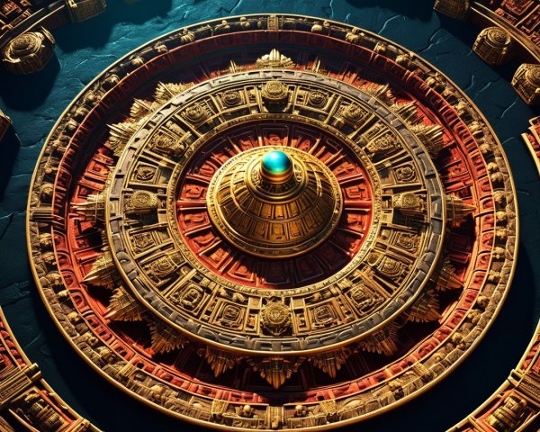 Intricate Circular Structure with Gold and Red Elements