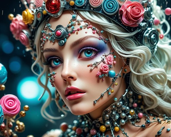 Ethereal figure with intricate makeup and floral headpiece