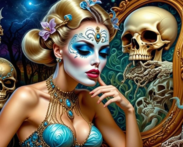 Glamorous Woman with Blue Face Paint and Eerie Backdrop