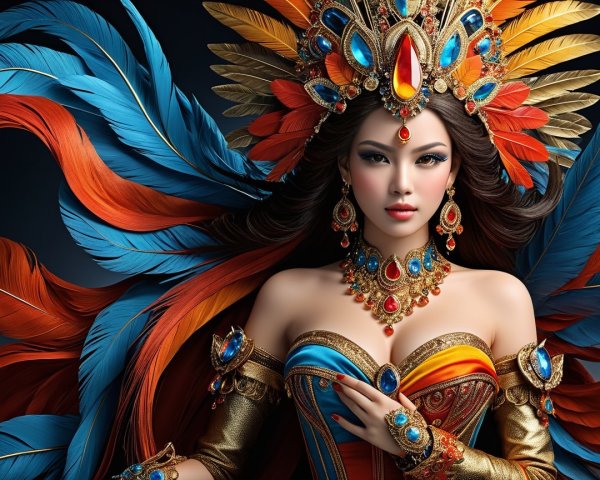 Vibrant Figure in Ornate Feathered Attire and Jewels