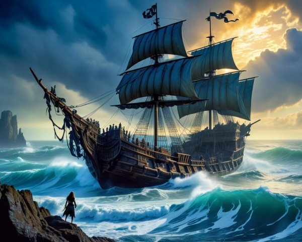 Majestic Pirate Ship Navigating Turbulent Seas