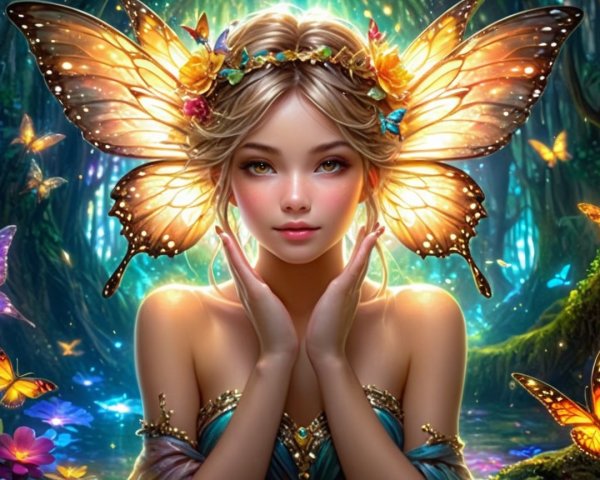 Whimsical Scene of Woman with Colorful Butterfly Wings