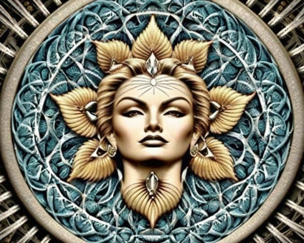 Stylized Woman's Face with Nature Motifs and Patterns