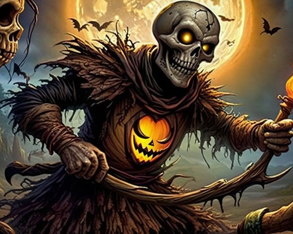 Skeletal Figure with Scythe in Spooky Landscape
