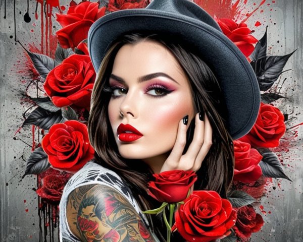 Portrait of a Woman with Bold Makeup and Roses