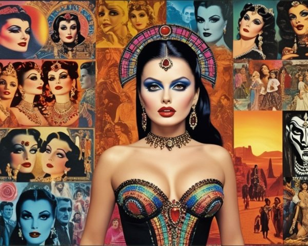 Glamorous Figure in Colorful Outfit with Vintage Collage