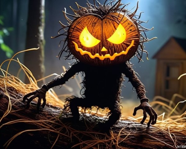Whimsical Jack-o'-lantern Creature in Enchanted Forest