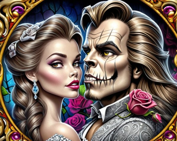 Stylized Couple Surrounded by Roses and Ornaments