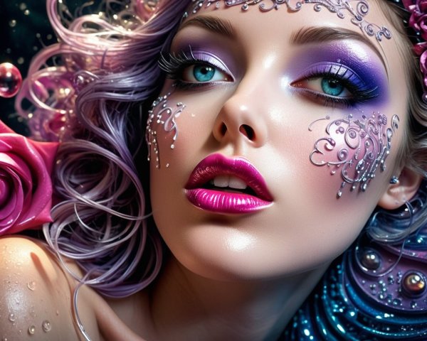 Artistic Portrait of Woman with Purple Hair and Roses