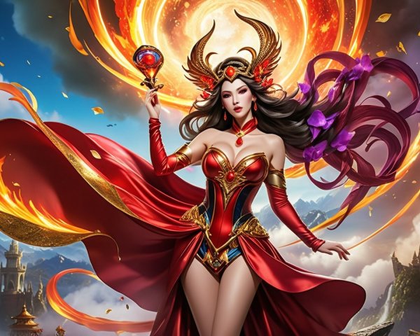 Fantasy Character in Red Gown with Golden Accents