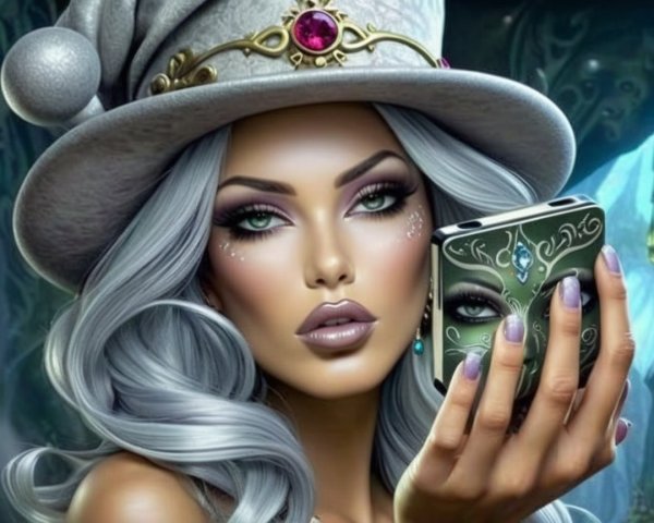 Elegant Woman with Silver Hair and Jewel Hat