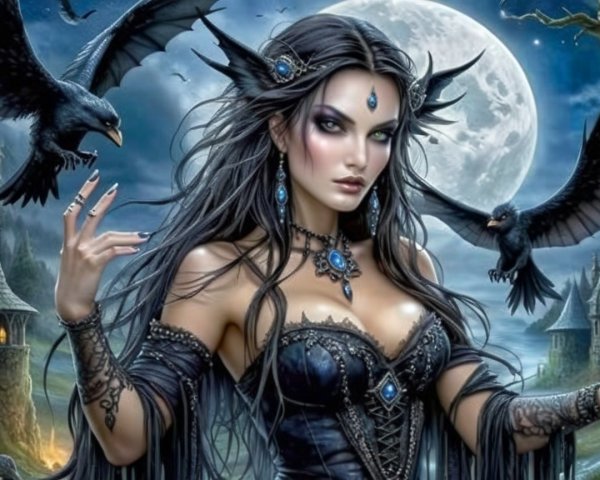 Mystical Woman in Elegant Gown Surrounded by Ravens