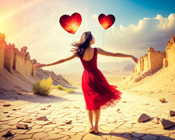 Woman in Red Dress with Balloons in Arid Landscape
