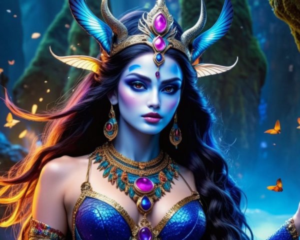 Fantasy Figure in Enchanting Forest with Blue Skin