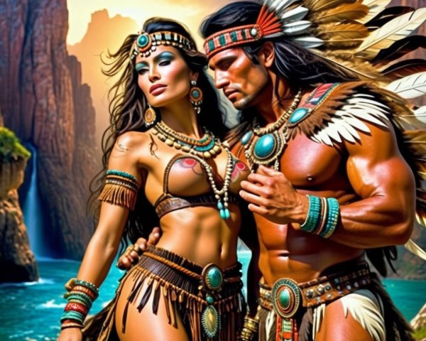Striking Couple in Tribal Attire Against Scenic Backdrop