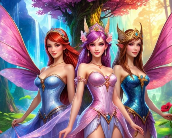 Three Fairies in a Vibrant Enchanted Forest