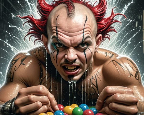 Muscular Clown Surrounded by Colorful Gumballs