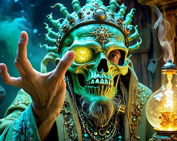 Mystical Figure in Jewel Robe with Glowing Skull Face