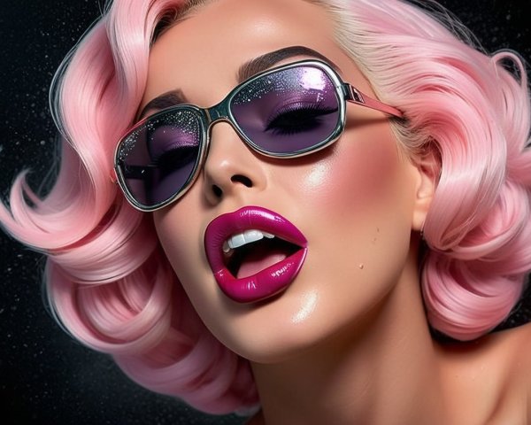 Glamorous Figure with Pink Hair and Oversized Sunglasses