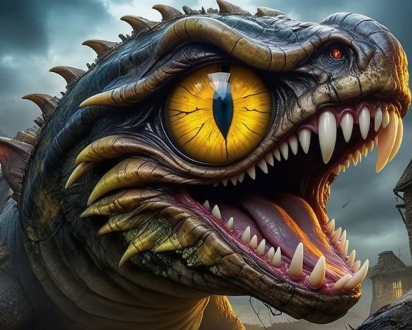 Fierce Dragon Creature with Colorful Eye and Dark Scales