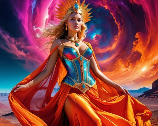 Majestic Figure in Cosmic Landscape with Vibrant Colors