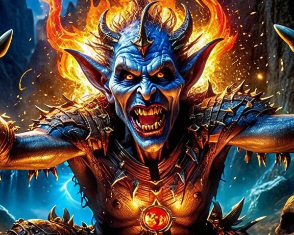 Fierce Blue-Skinned Demon in a Dark Landscape