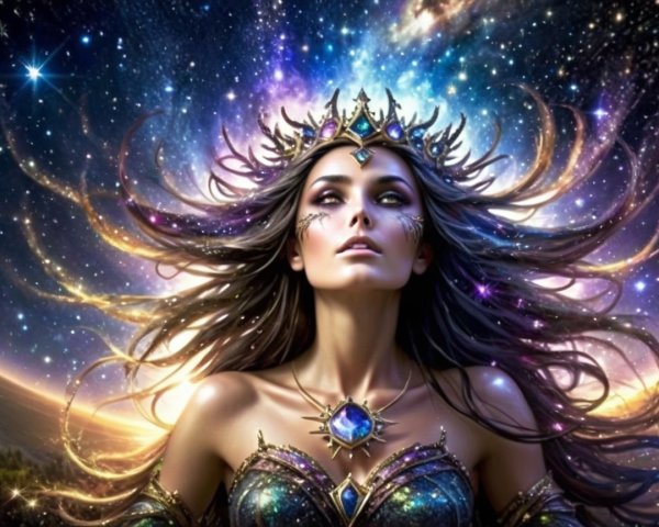 Mystical Female Figure in Star-Filled Cosmos