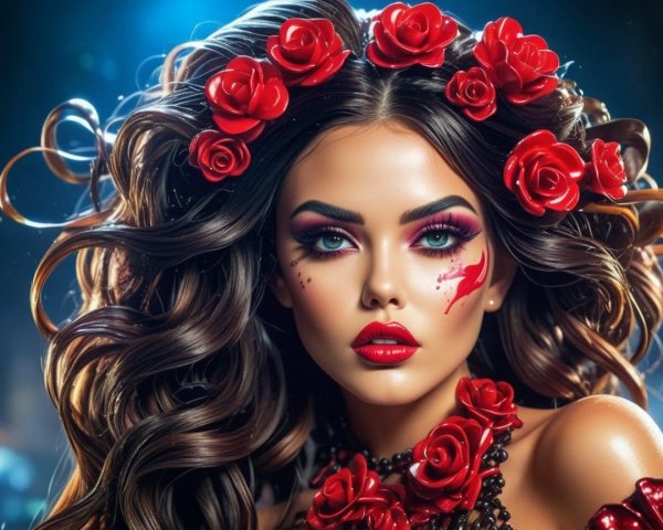 Portrait of a woman with roses and bold makeup