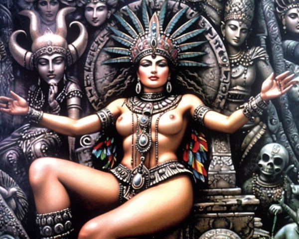 Vibrant Figure in Cultural Regalia with Deities
