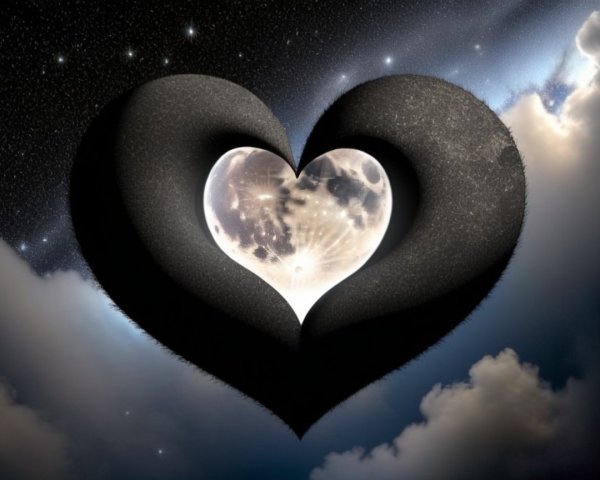 Black Heart with Full Moon in Starry Night Sky