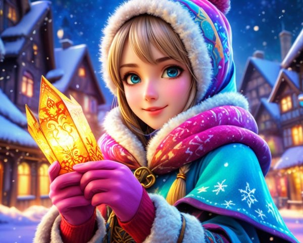 Young girl with lantern in snowy village setting