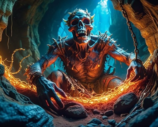 Skeletal Figure with Blue Skin in Dim Cavern Setting
