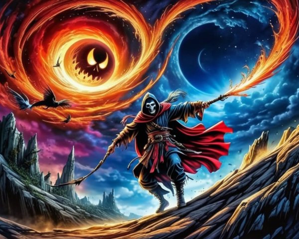 Cloaked Figure with Staff in Cosmic Landscape