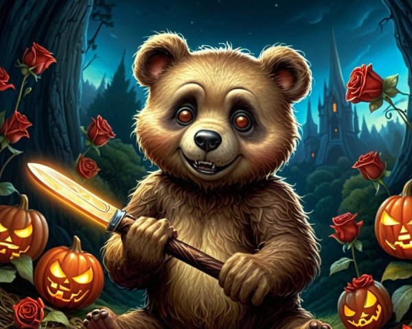 Cartoon Bear in Spooky Halloween Scene with Pumpkins