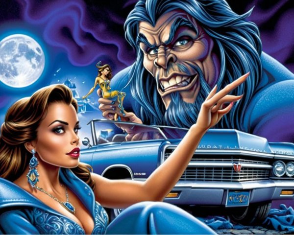 Glamorous Woman in Blue Gown with Sinister Figure