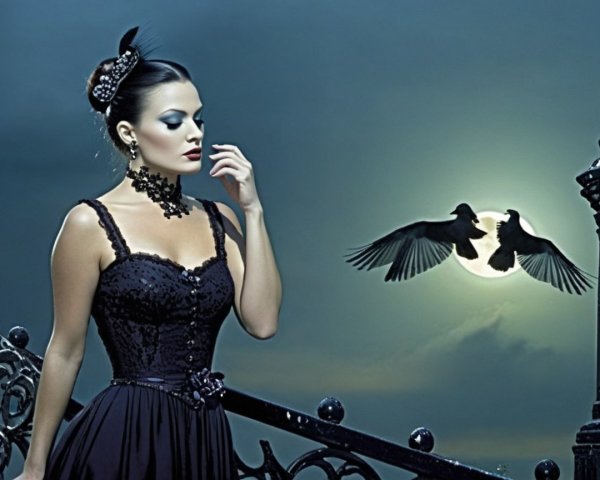 Elegant Woman in Black Dress on Staircase at Night