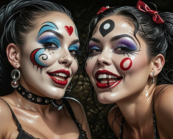 Portrait of two women with clown makeup and accents