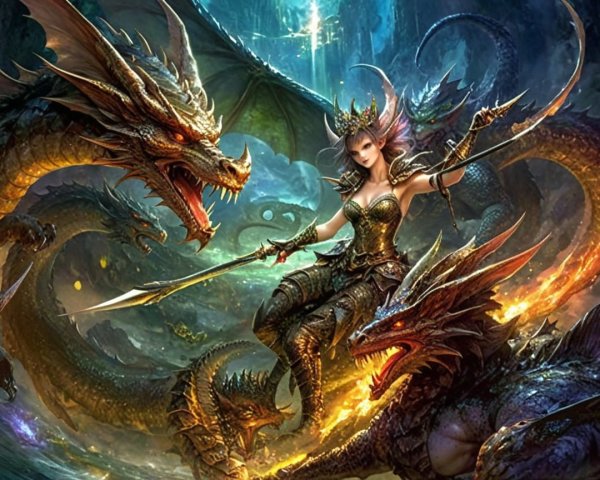 Warrior Queen in Battle with Dragons in Fantasy Scene