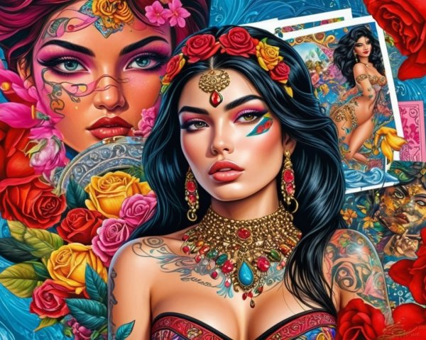 Colorful Composition of Woman with Tattoos and Jewelry