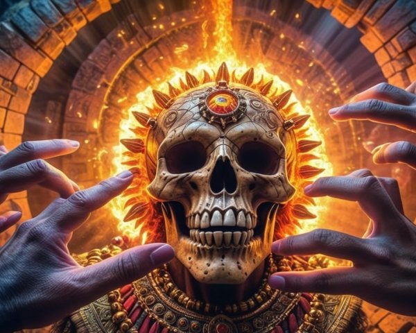 Stylized skull illuminated by flames in mystical scene