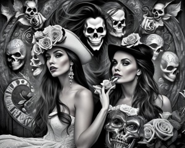 Elegant Women in Hats with Roses Against Skulls