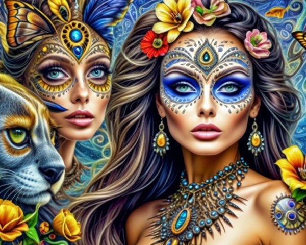 Women with Face Paint and Masks Surrounded by Nature