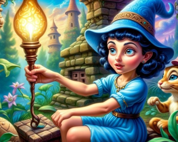 Young girl with blue hair in enchanted forest setting