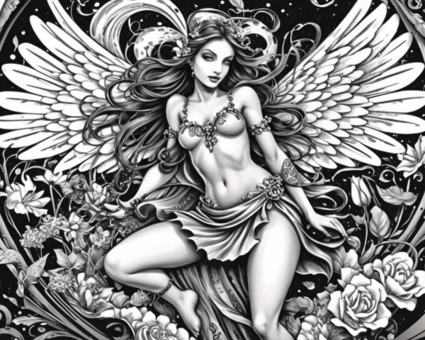 Mystical Woman with Wings in Black-and-White Art
