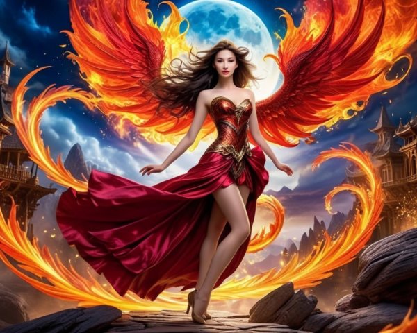 Young Woman as Phoenix with Fiery Wings and Moonlit Scene