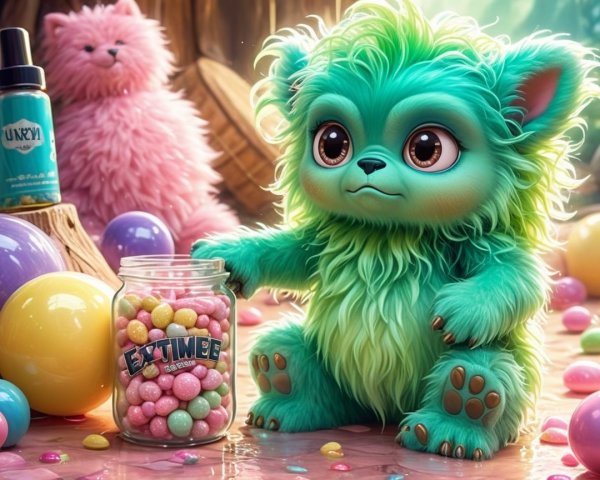 Whimsical Scene with Colorful Creatures and Candy