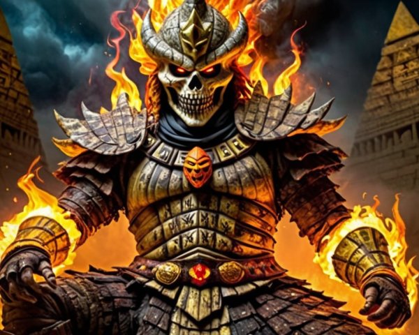 Menacing Figure in Fiery Armor Against Dark Backdrop