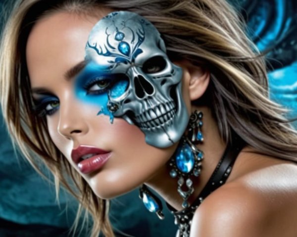 Portrait of a woman with bold blue makeup and skull design